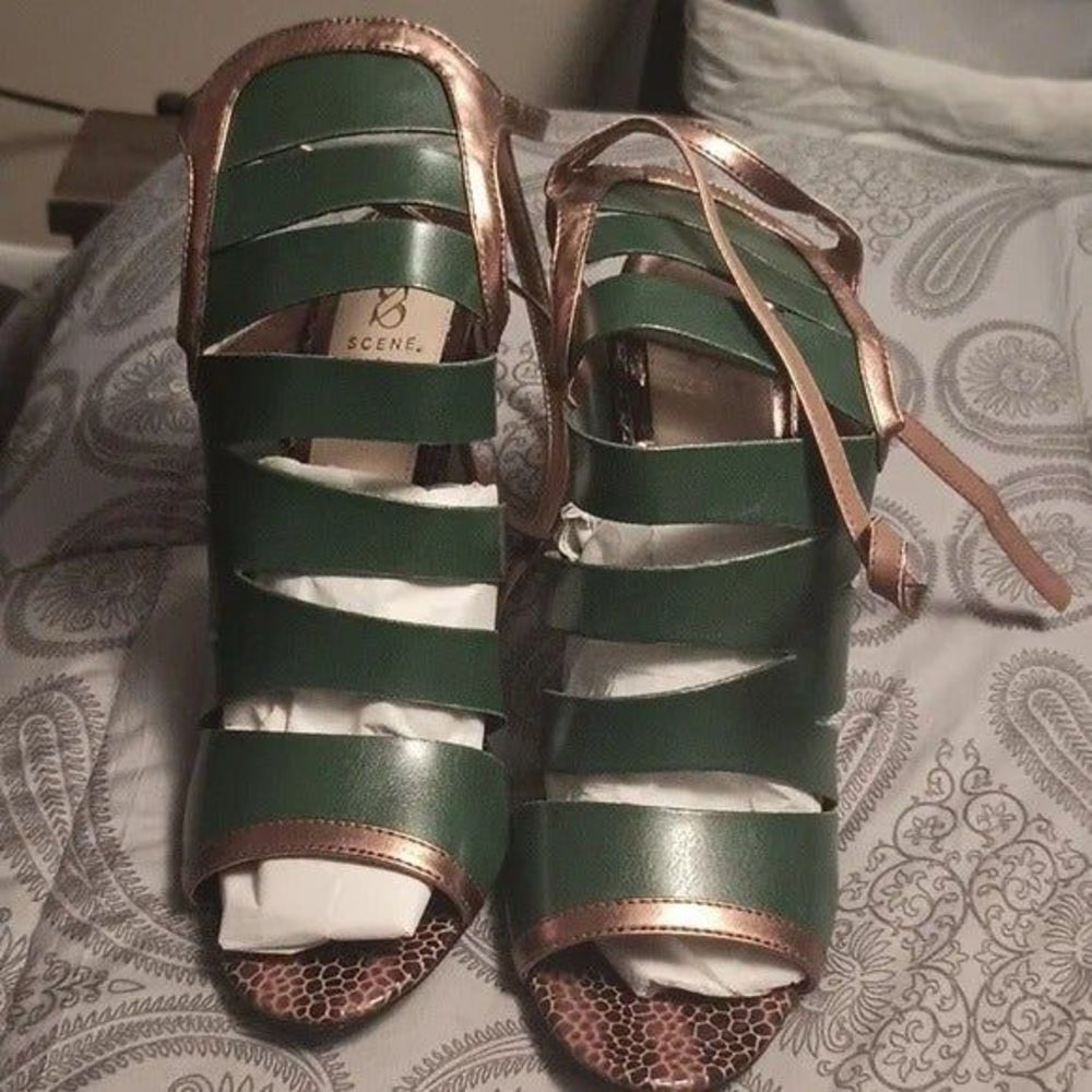 Scene Ryanne Strappy Cut Out Green Bronze Animal Print Open Toe Heels